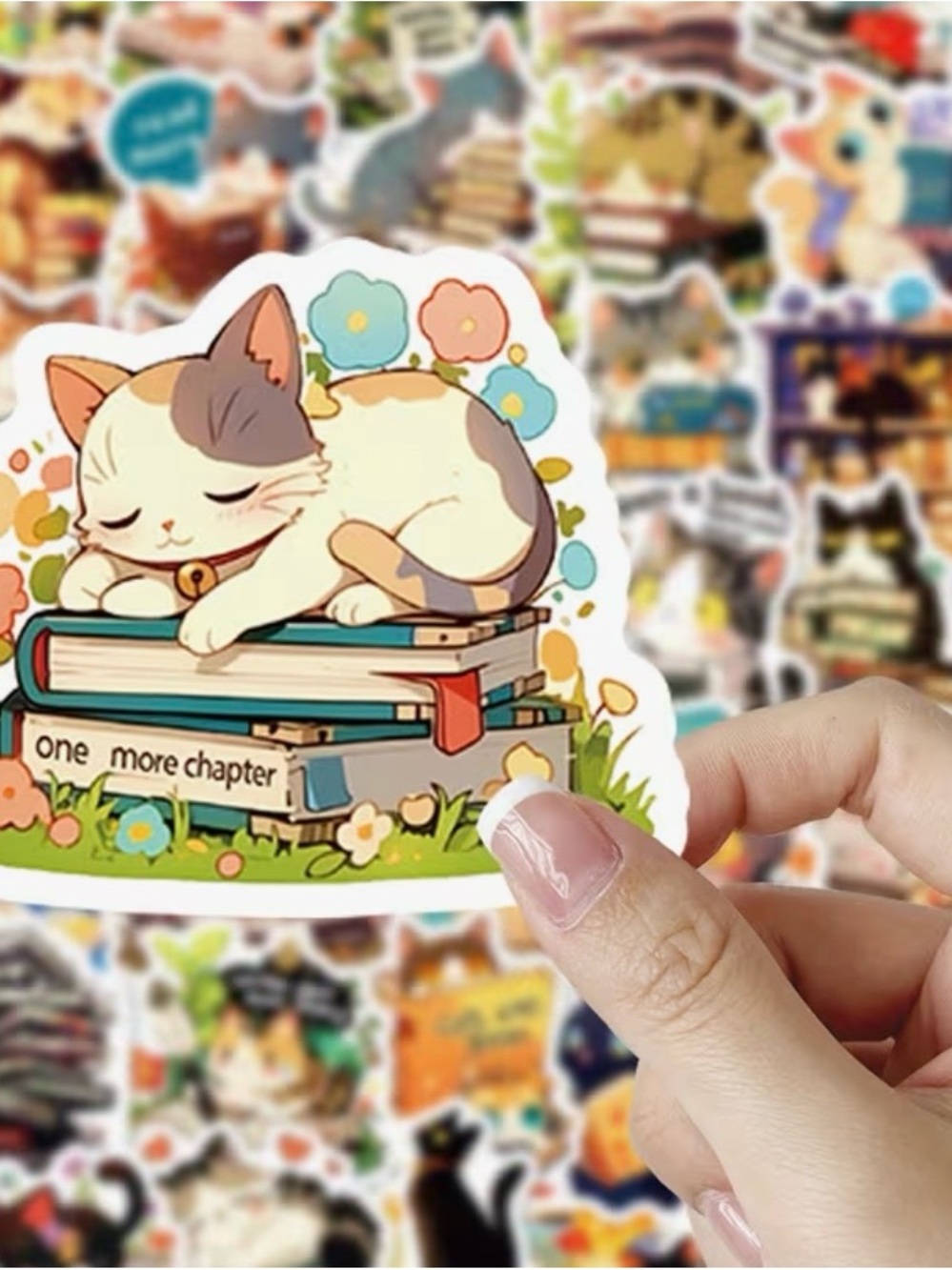 50 Sleepy Kitty Cats on Books Stickers Flowers Library Stack of Books - Picture 3 of 6